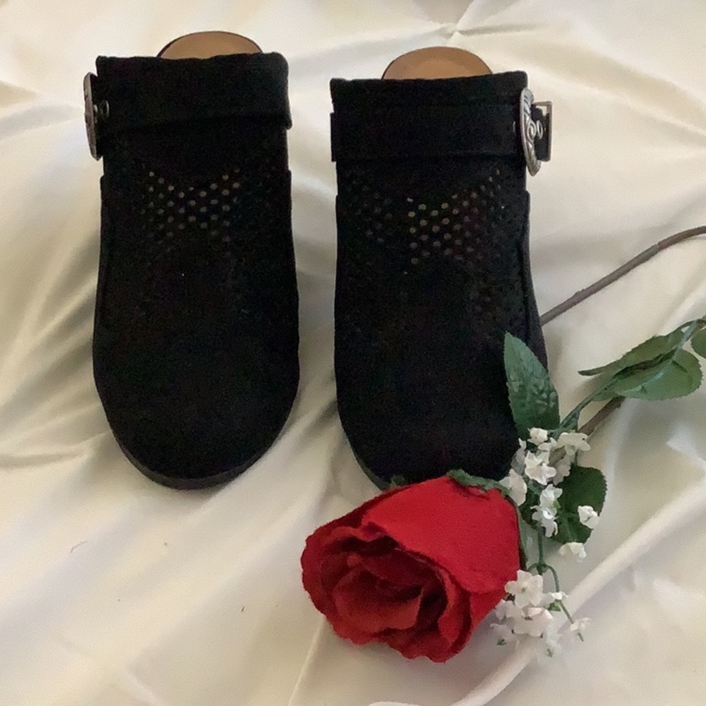 Black suede clog with silver metal buckle